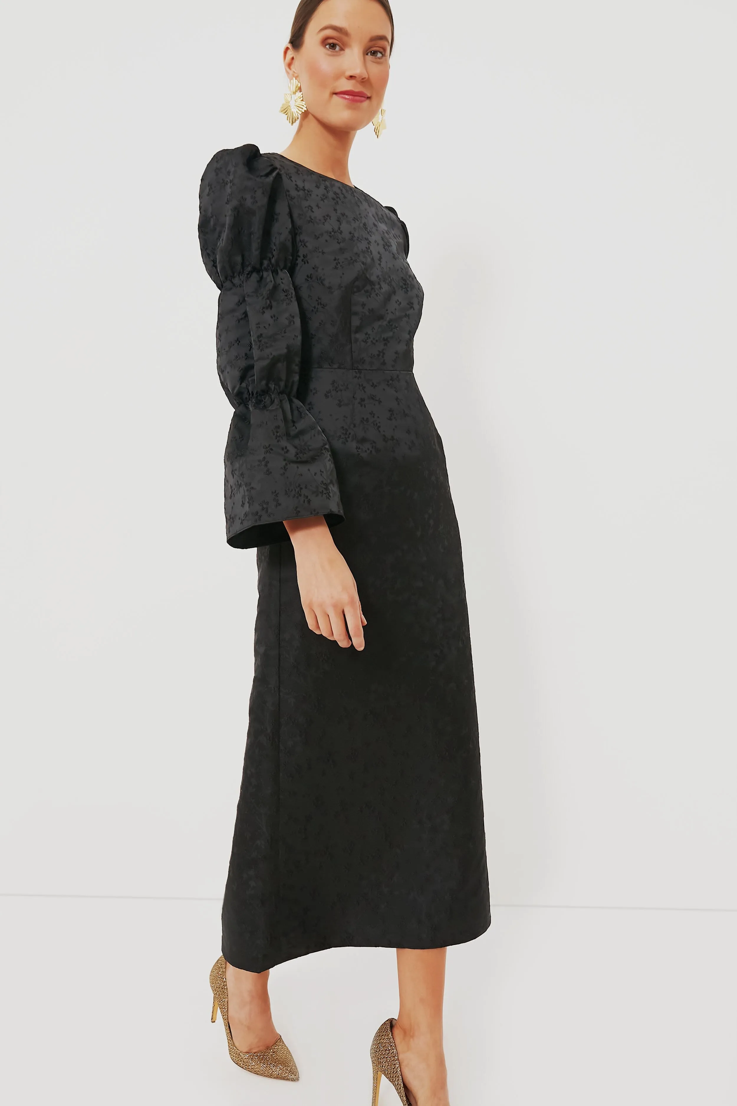 Black Jacquard Puff Sleeve Midi Darcy Dress