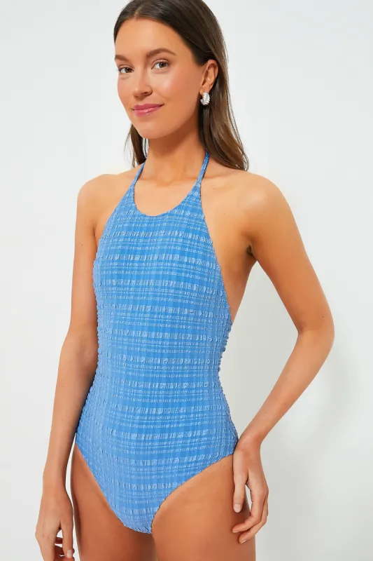 Exclusive Blue Striped Seersucker Halter Maillot sold by Tuckernuck