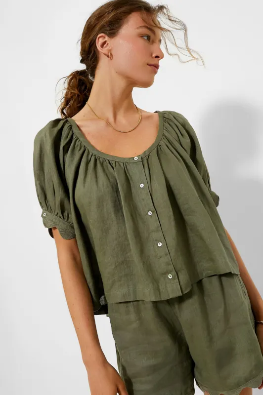 Army Green Linen Tully Top sold by Tuckernuck