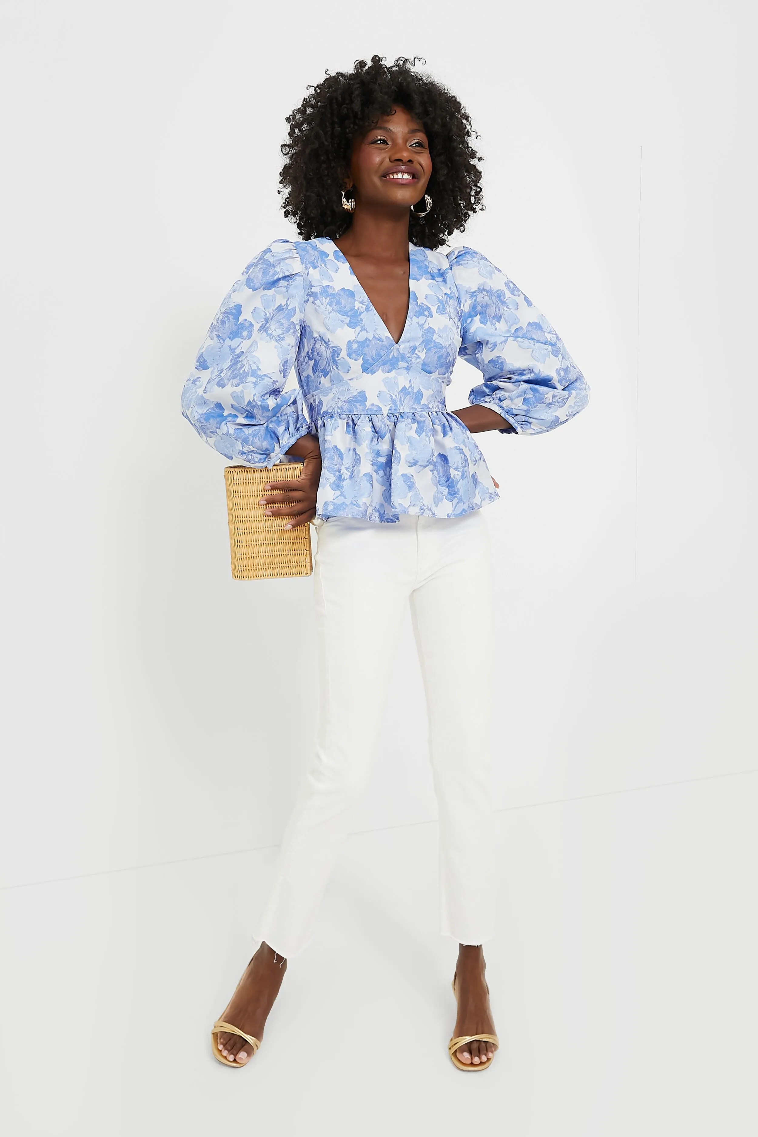 Blue Jacquard Puff Sleeve Eleanor Blouse sold by Tuckernuck product image thumbnail 2