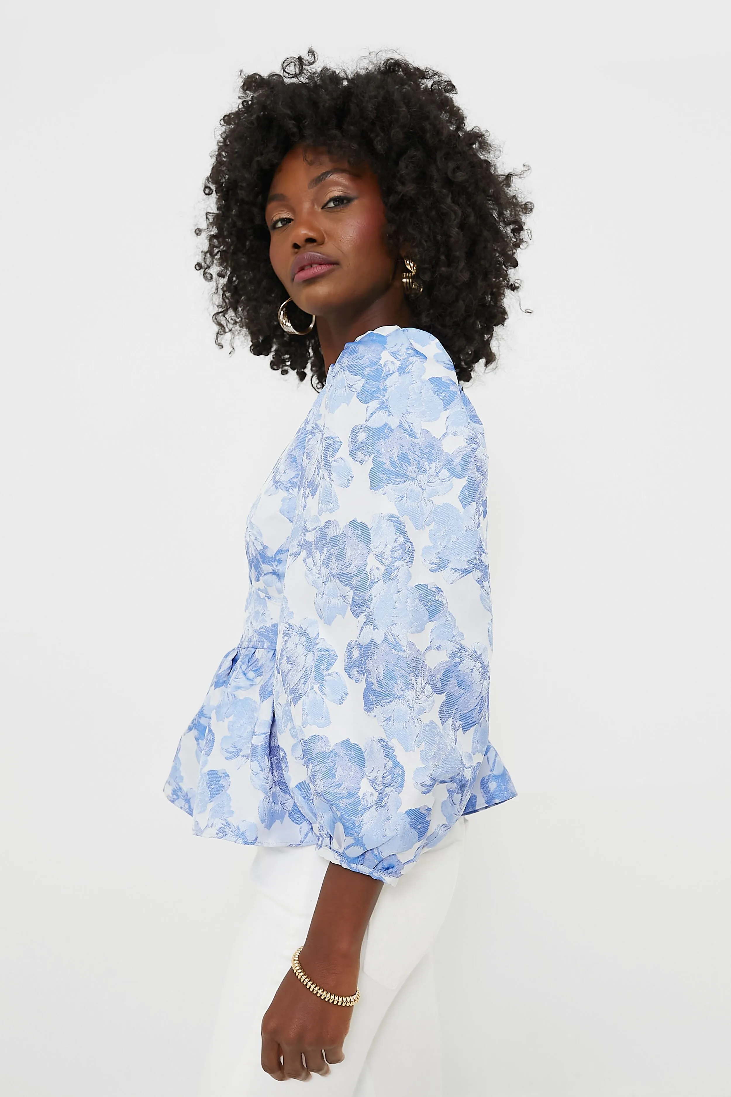 Blue Jacquard Puff Sleeve Eleanor Blouse sold by Tuckernuck product image thumbnail 3