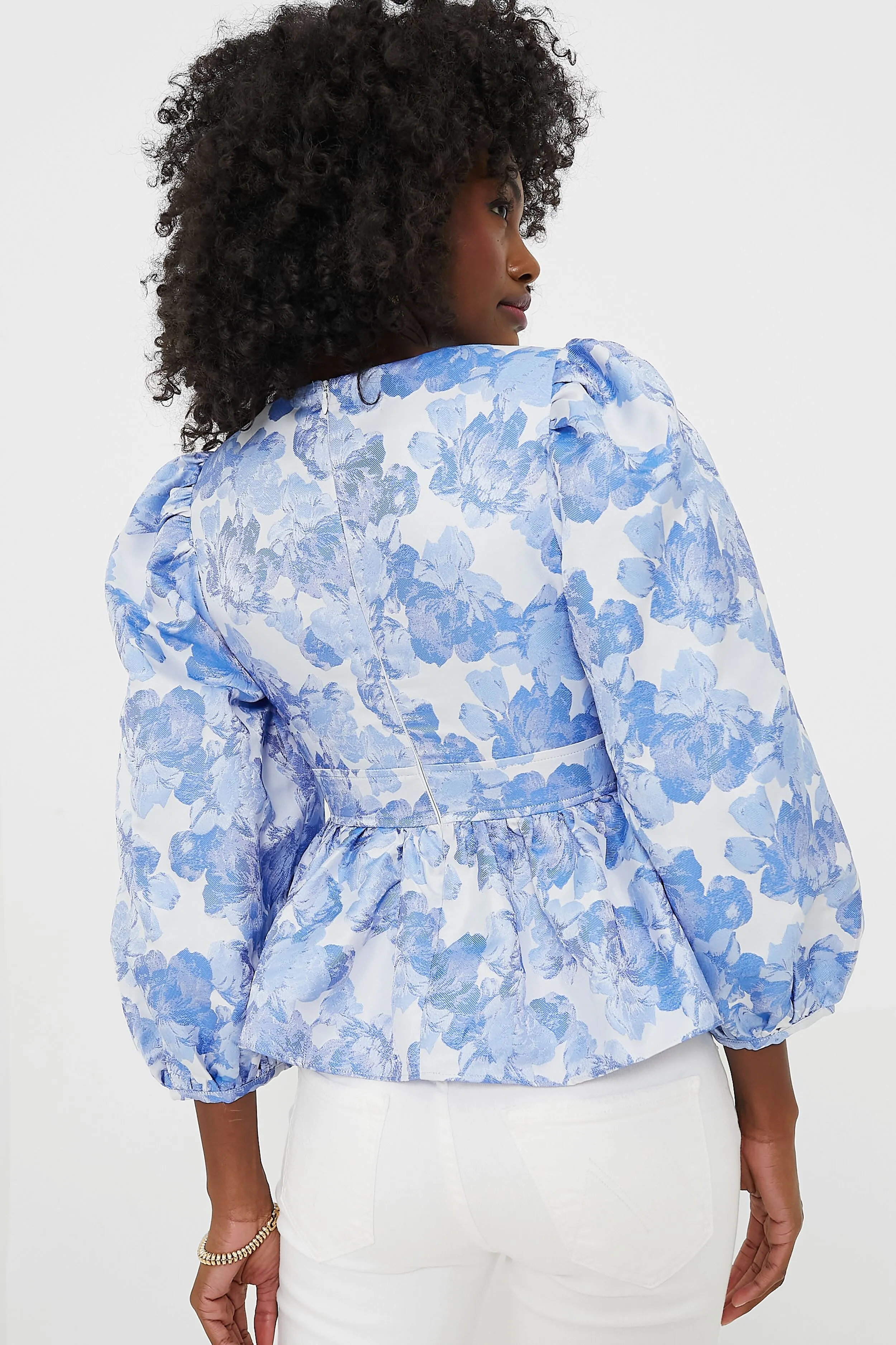 Blue Jacquard Puff Sleeve Eleanor Blouse sold by Tuckernuck product image thumbnail 4