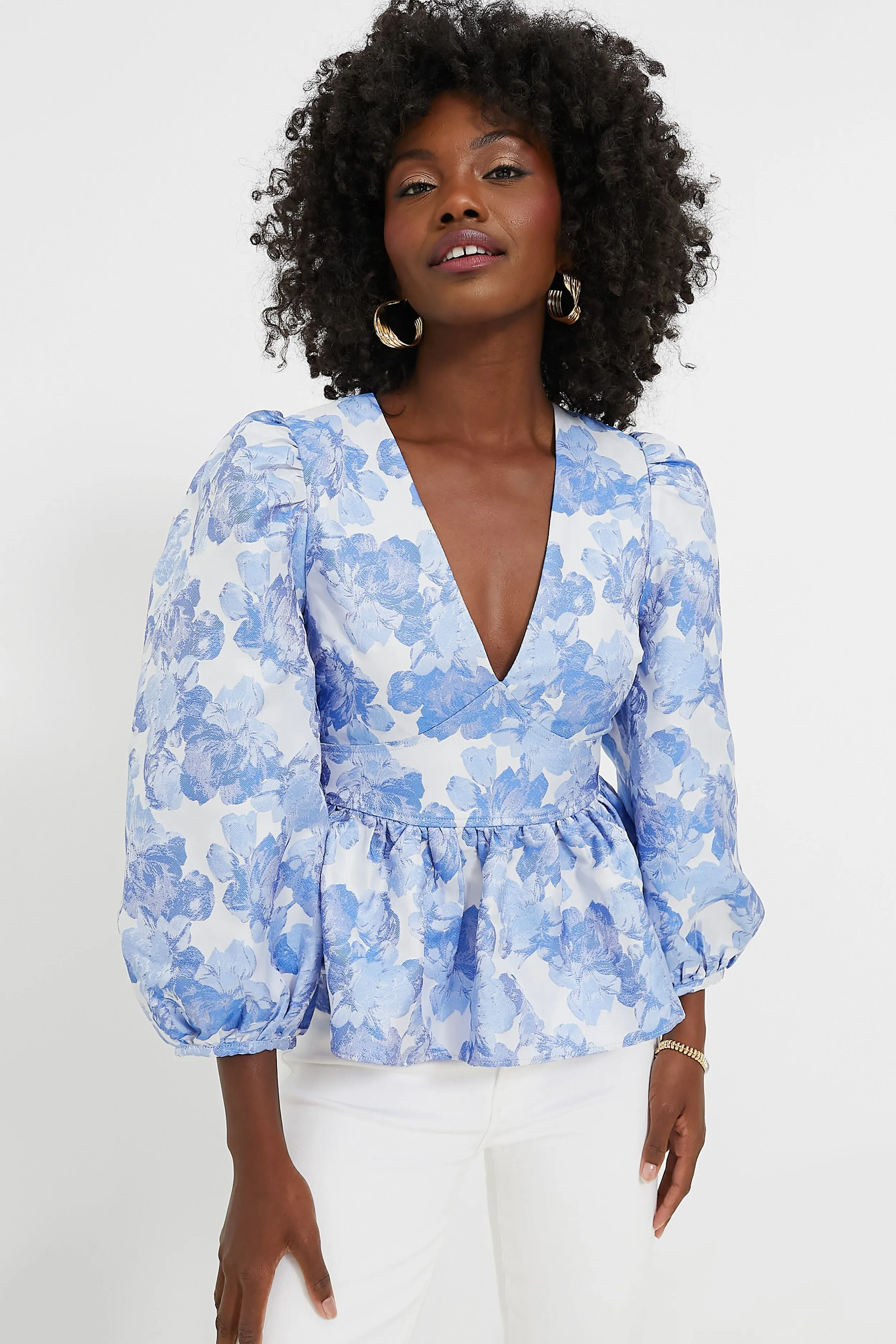 Blue Jacquard Puff Sleeve Eleanor Blouse sold by Tuckernuck