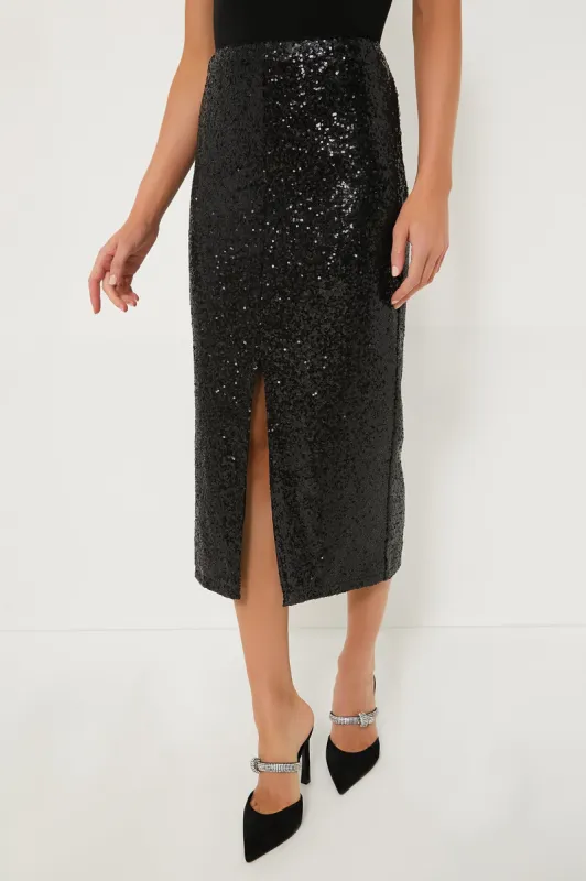 Black Sequin Caterina Midi Skirt sold by Tuckernuck