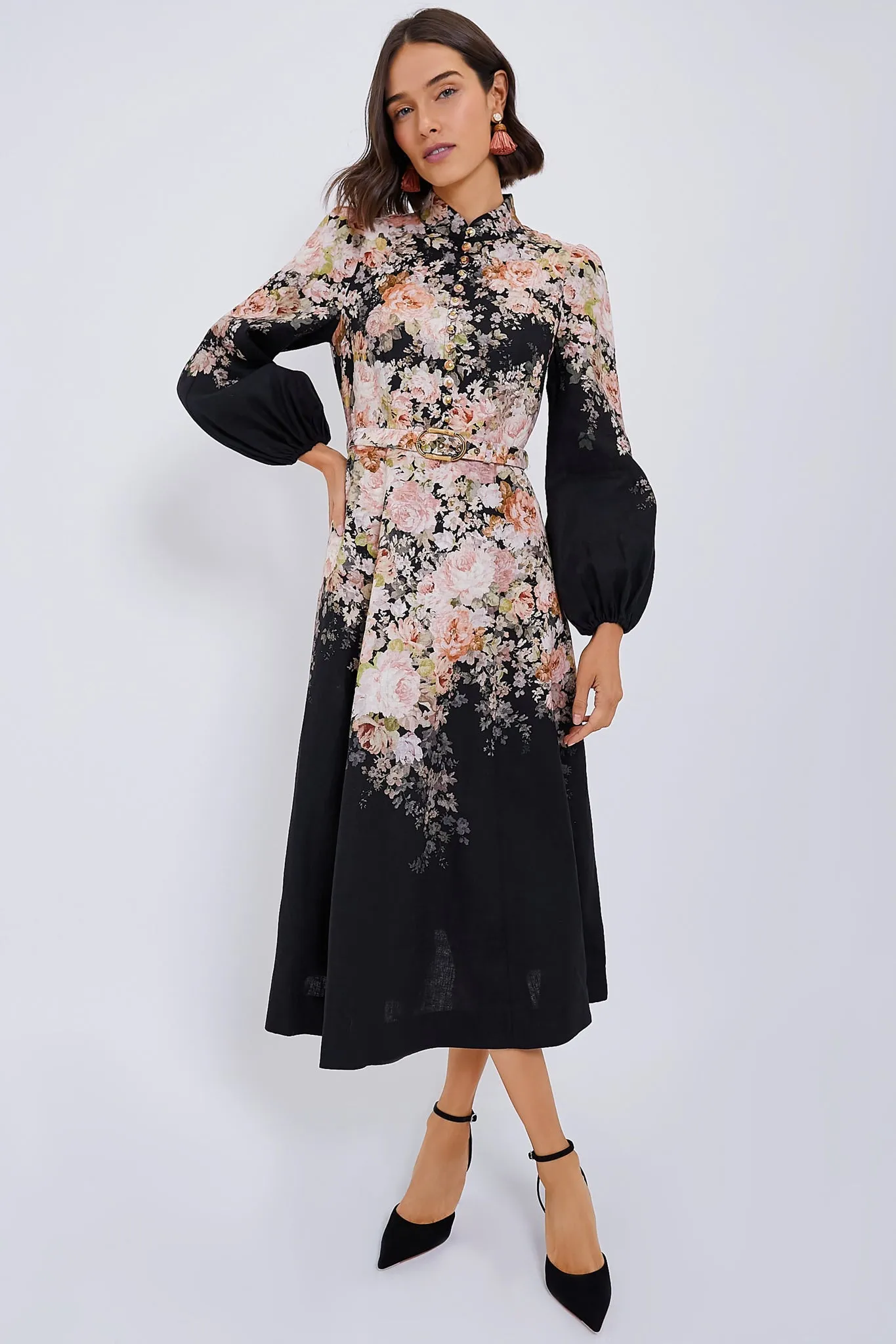 Black Rococo Floral Illustration Buttoned Midi Dress sold by Tuckernuck