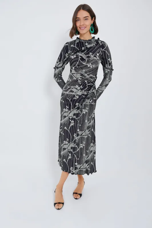 Black Sunniva Print Ruffle Detail Long Sleeve Dress made by Sea New York