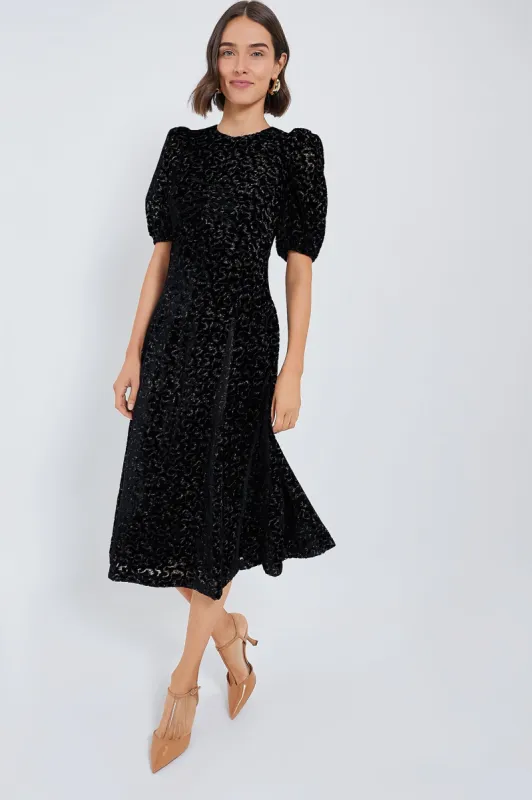 Black Sophia Burnout Velvet Puff Sleeve Dress made by Sea New York