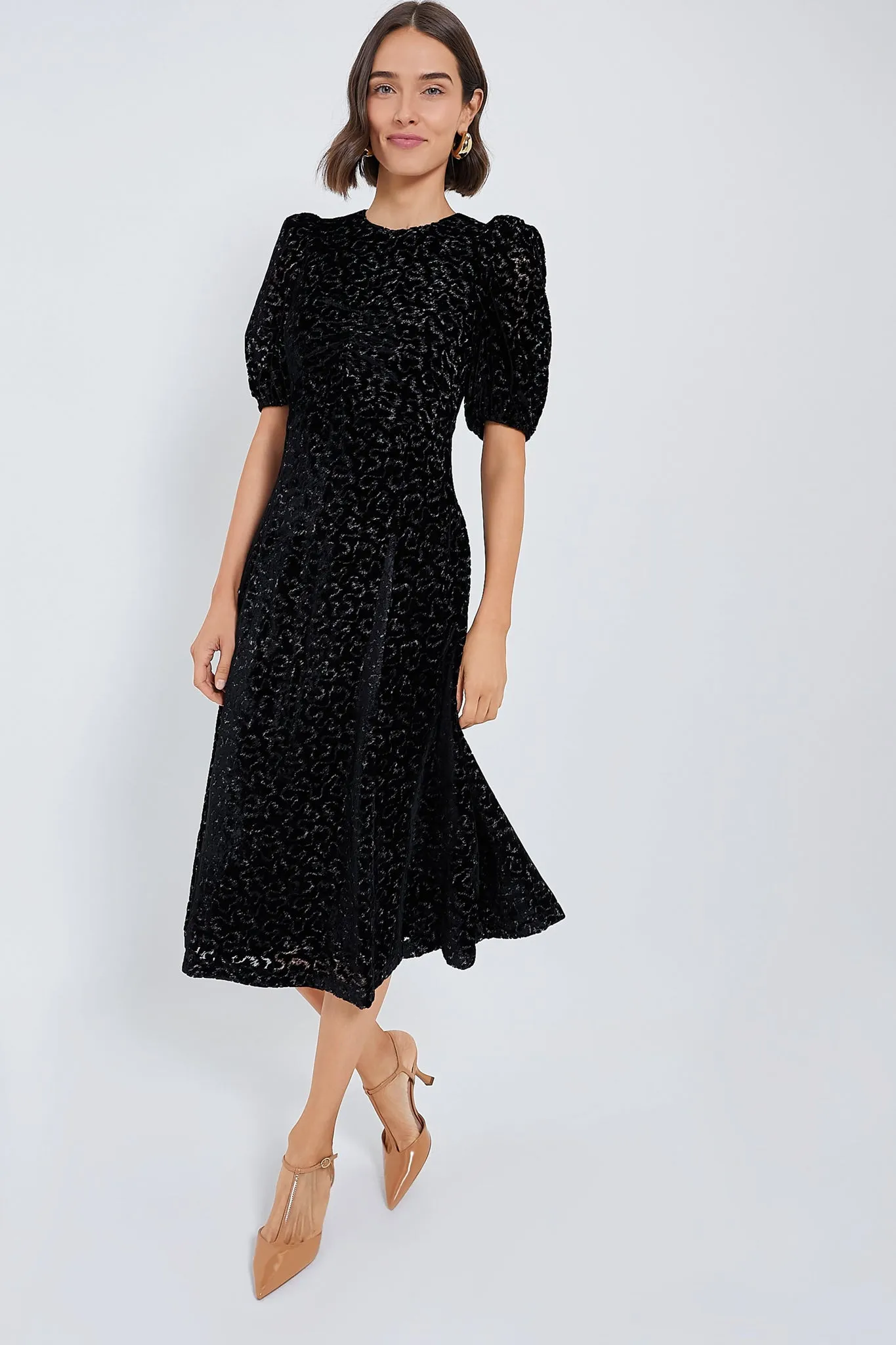 Black Sophia Burnout Velvet Puff Sleeve Dress sold by Tuckernuck