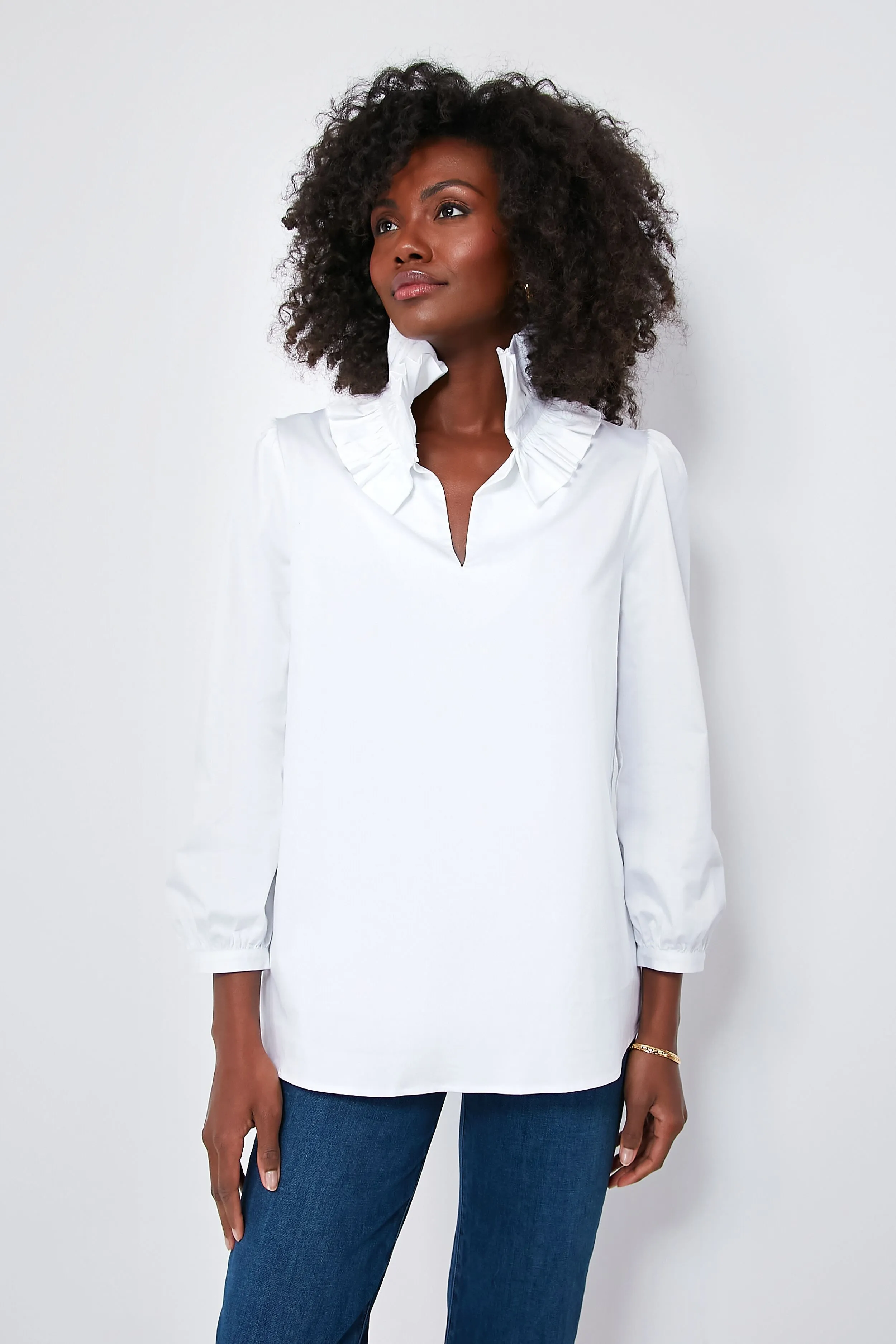 White Stretch Poplin Ruffle Neck Bouvier Blouse sold by Tuckernuck
