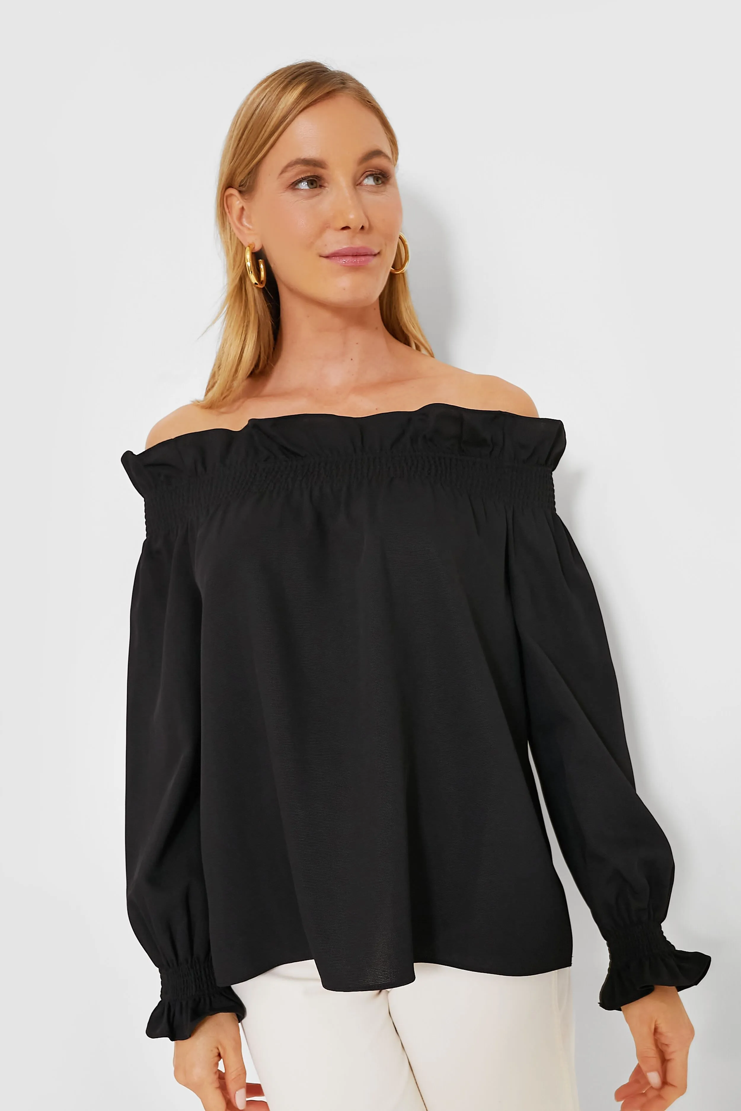 Black Off the Shoulder Marguerite Blouse sold by Tuckernuck
