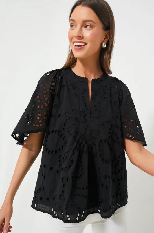 Black Eyelet Finley Flutter Sleeve Top sold by Tuckernuck