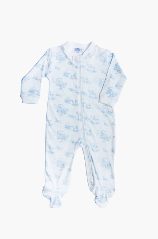 Blue Toile Zipper Footie sold by Tuckernuck