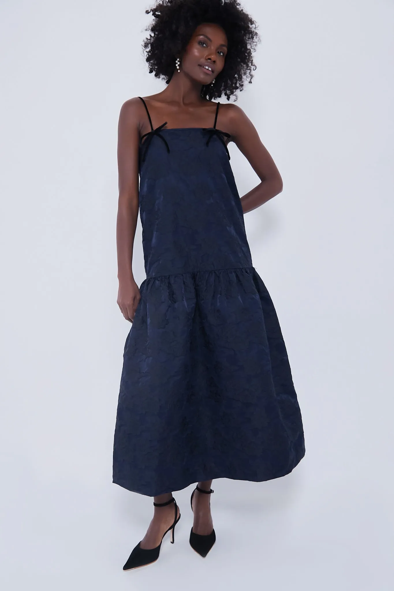 Peacoat Botanical Jacquard Strap Midi Dress sold by Tuckernuck