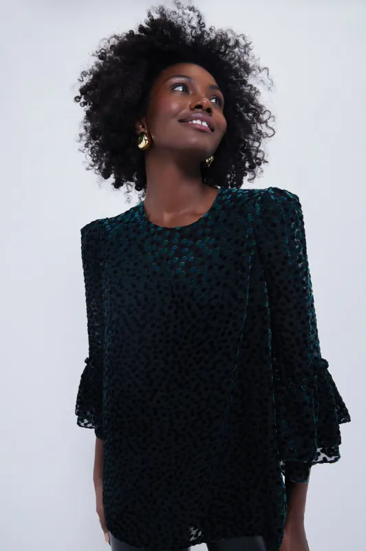 Black Flock Dot Velvet Luciela Blouse sold by Tuckernuck
