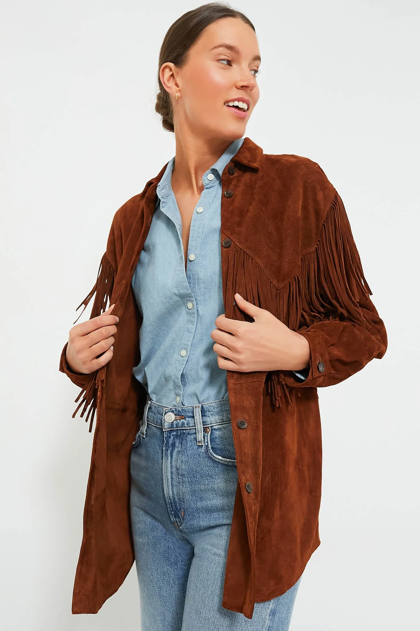 Cognac The Suede Fringe Shirt Jacket sold by Tuckernuck