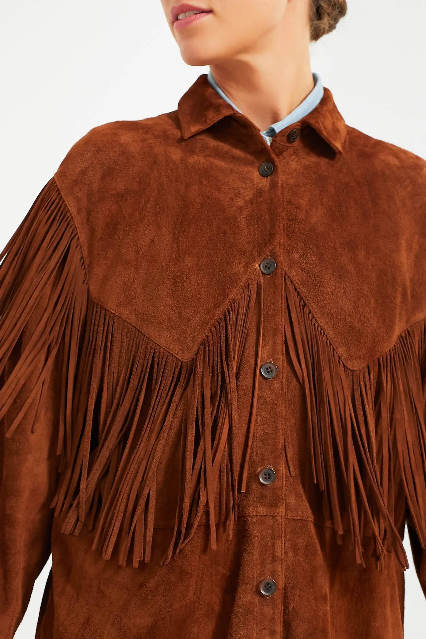 Cognac The Suede Fringe Shirt Jacket sold by Tuckernuck product image thumbnail 5