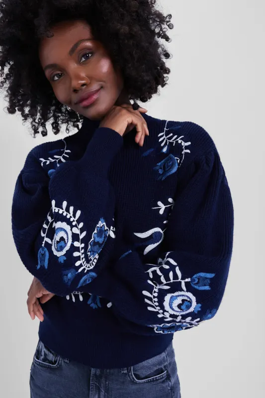 Navy Inga Embroidery Longsleeve High Neck Sweater sold by Tuckernuck