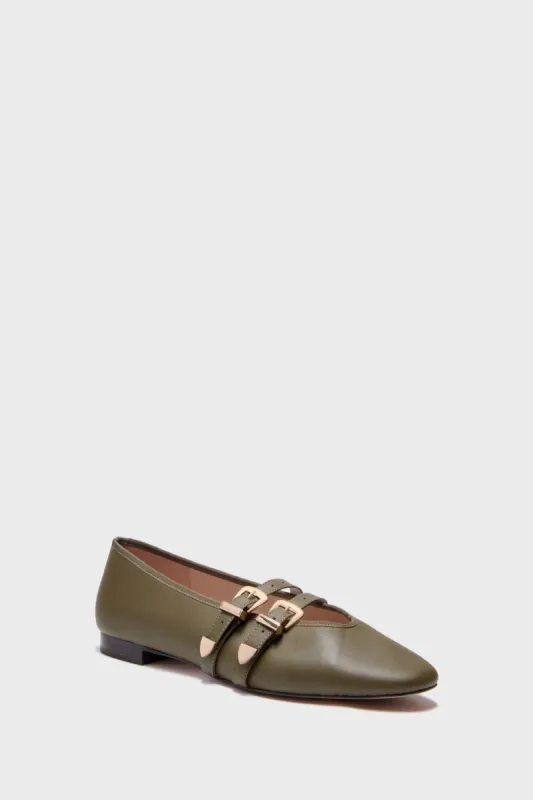 Olive Leather Buckle Nina Flats sold by Tuckernuck
