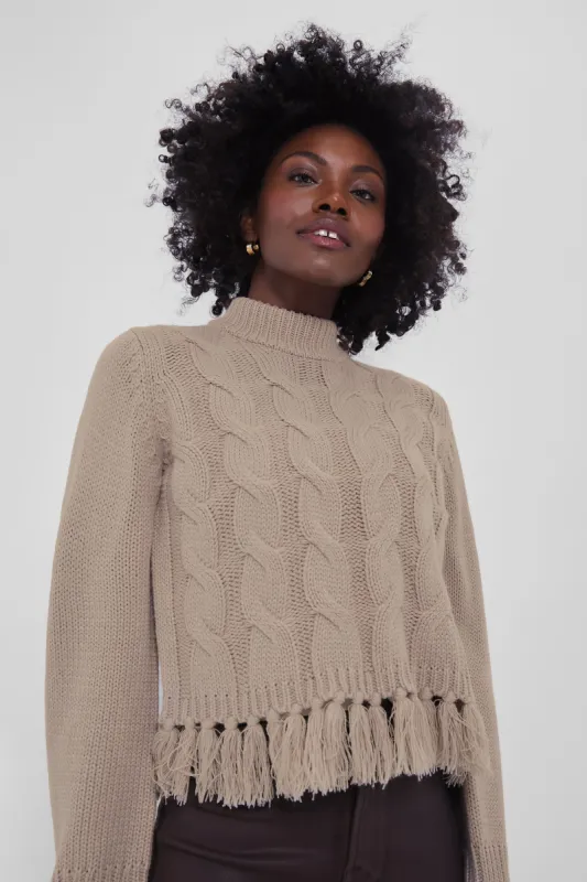 Taupe Fringe Cable Knit Carly Sweater sold by Tuckernuck