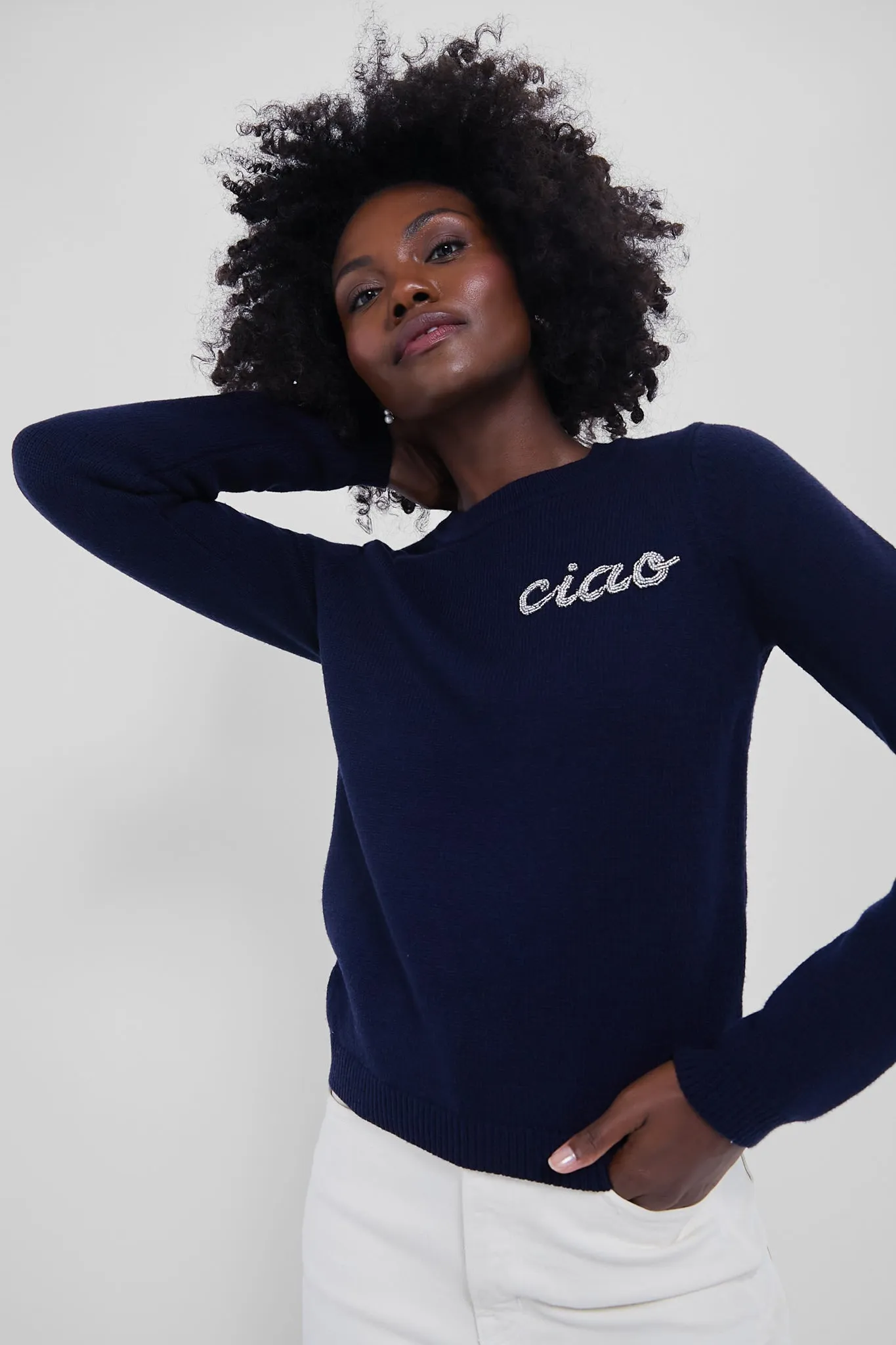 Navy Crewneck Ciao Beaded Sweater sold by Tuckernuck