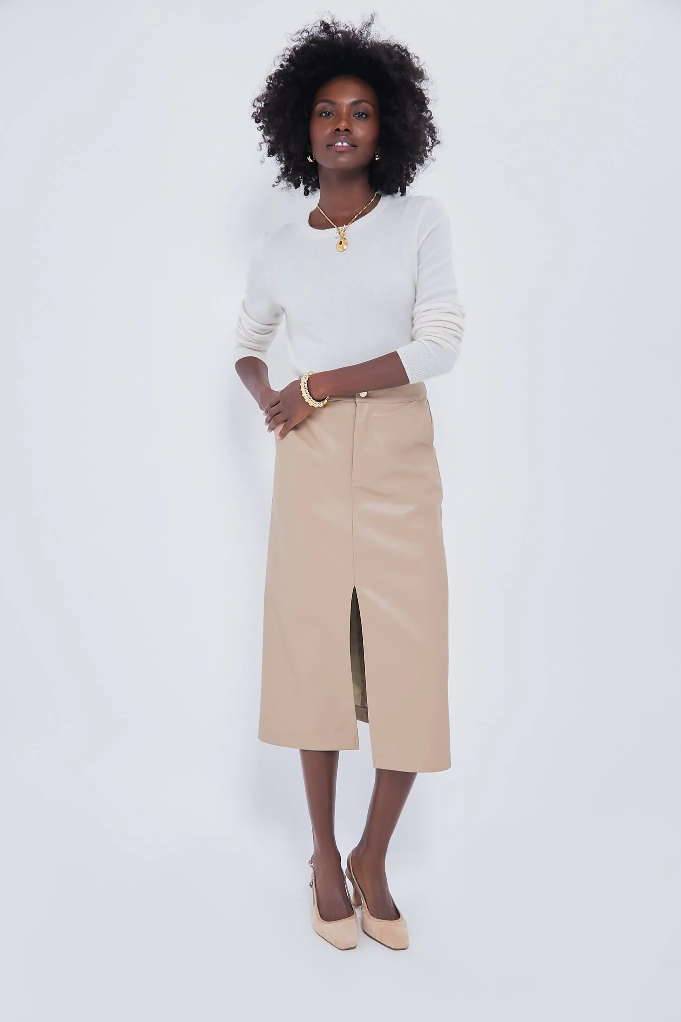 Almond Faux Leather Ingrid Midi Skirt sold by Tuckernuck product image thumbnail 5