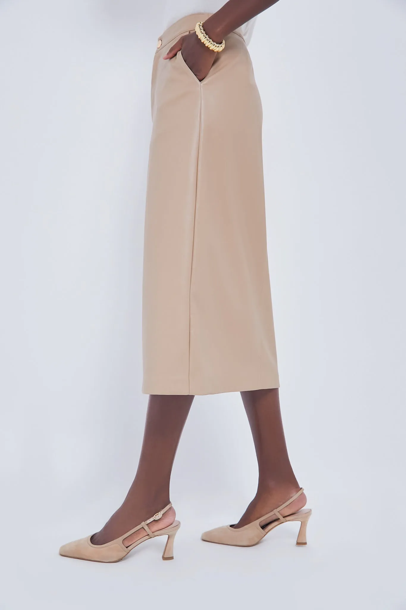 Almond Faux Leather Ingrid Midi Skirt sold by Tuckernuck product image thumbnail 2