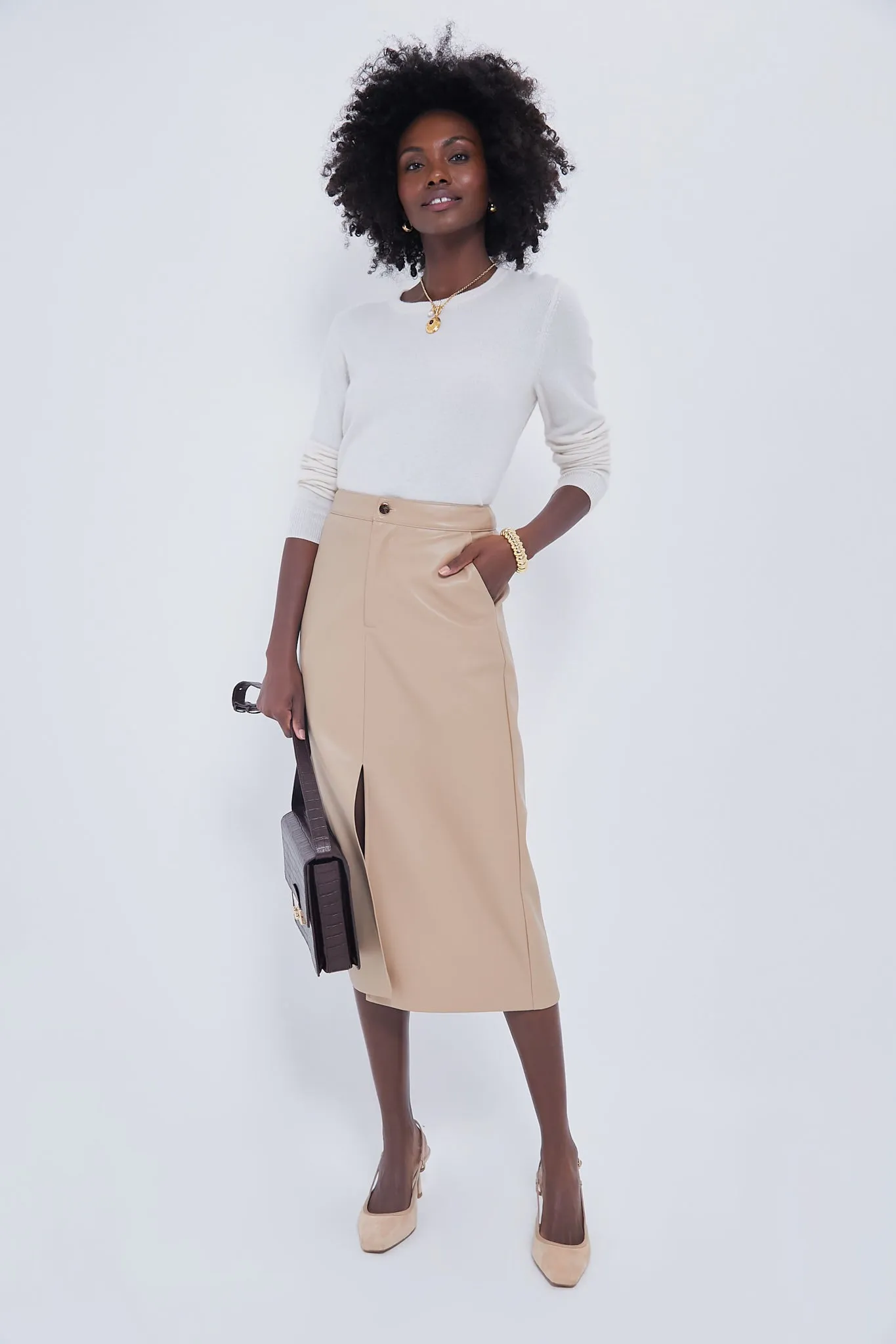 Almond Faux Leather Ingrid Midi Skirt sold by Tuckernuck