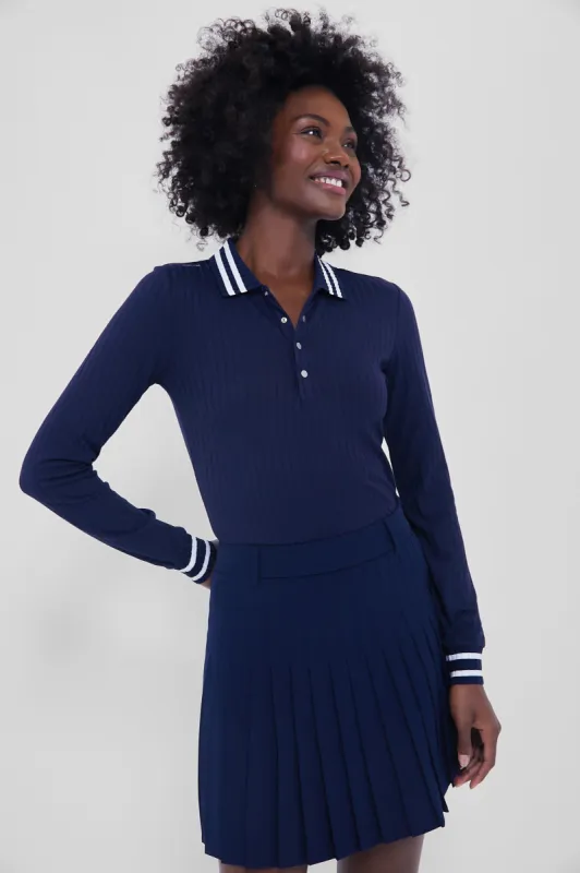 Refined Navy Long Sleeve Drop Needle Rib Knit Polo sold by Tuckernuck