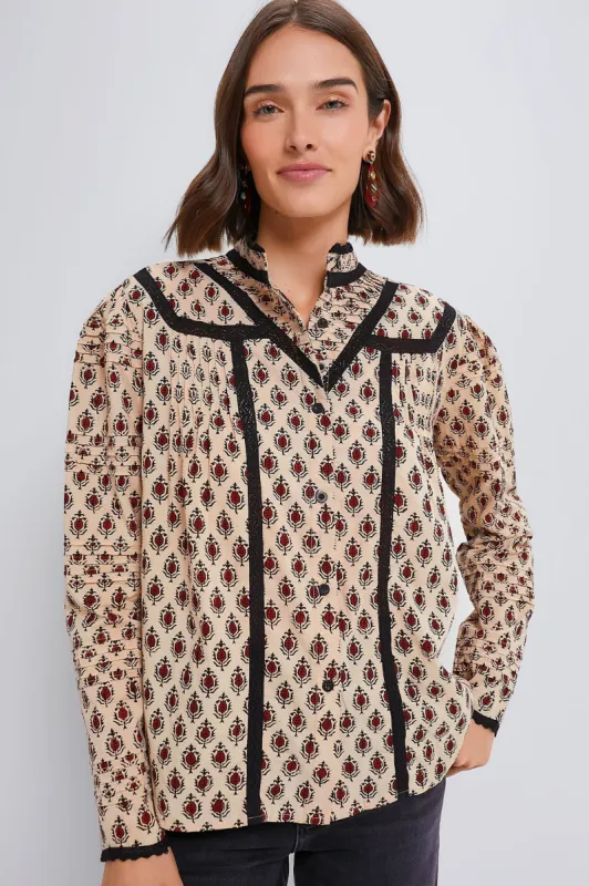 Tan and Burgundy Block Print Priya Shirt sold by Tuckernuck