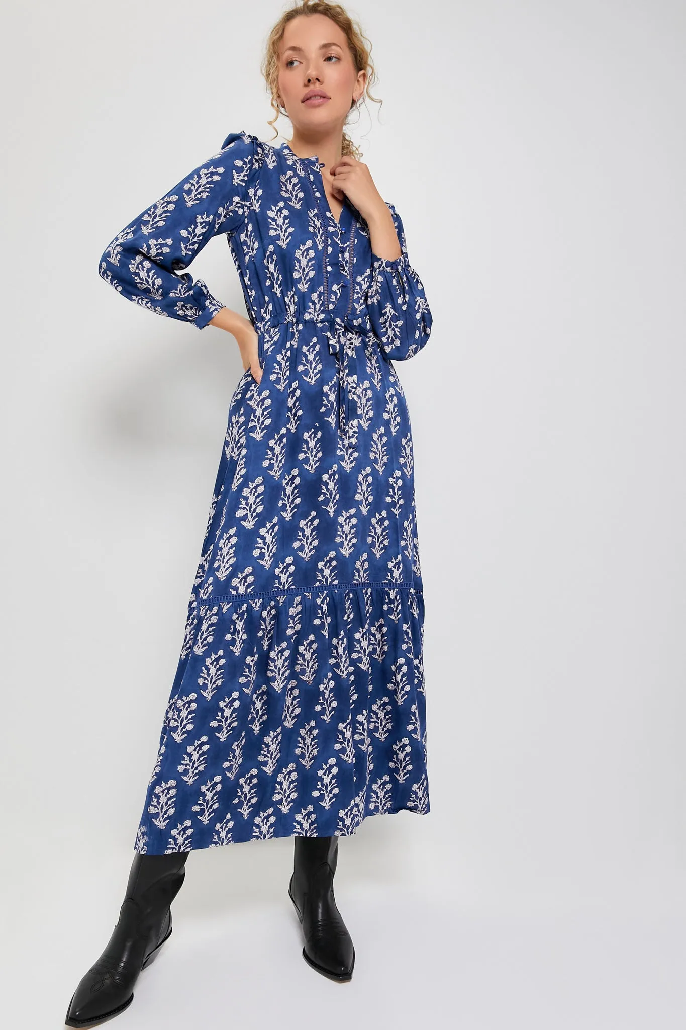 Pressed Flowers Blue Silk Frances 4 Dress sold by Tuckernuck