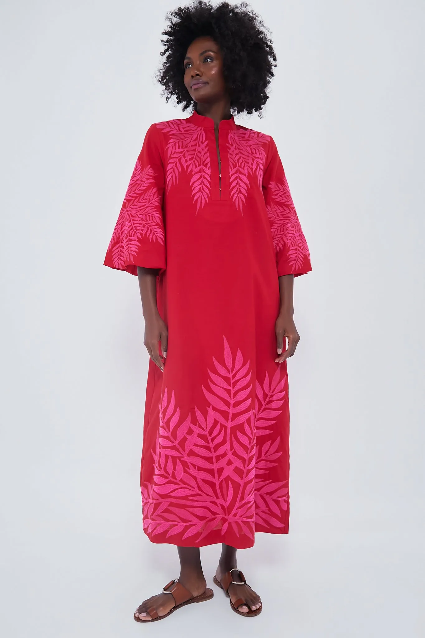 Scarlet and Hot Pink Embroidered Windermere Caftan sold by Tuckernuck