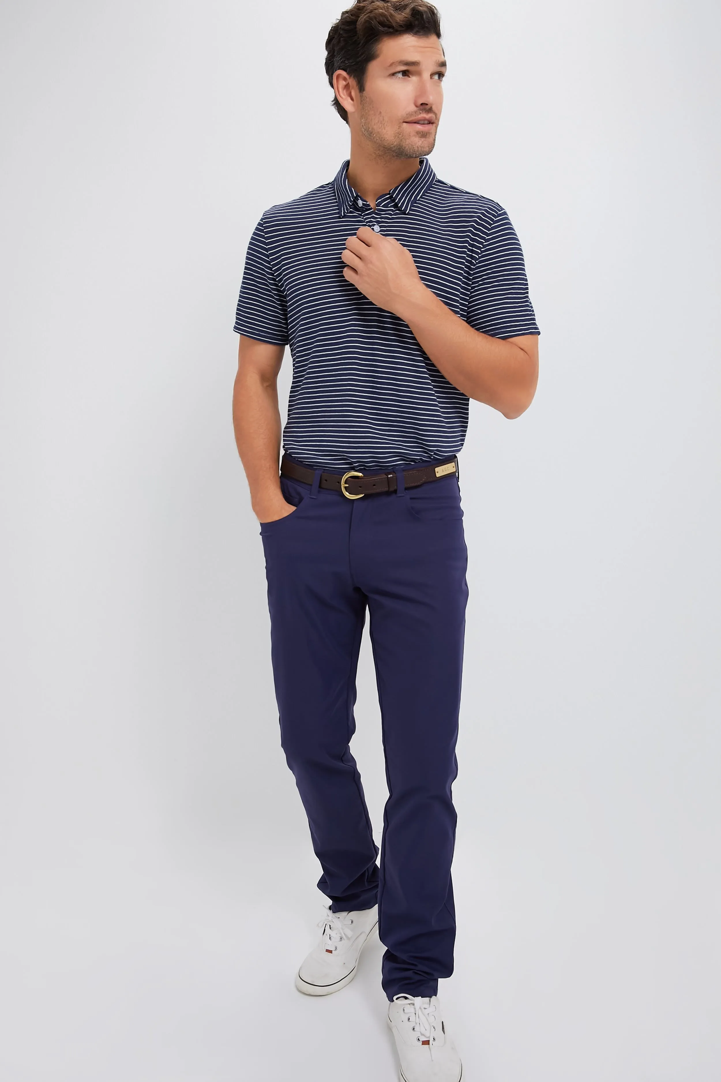 Striped Navy Stretch Linen Polo sold by Tuckernuck product image thumbnail 2