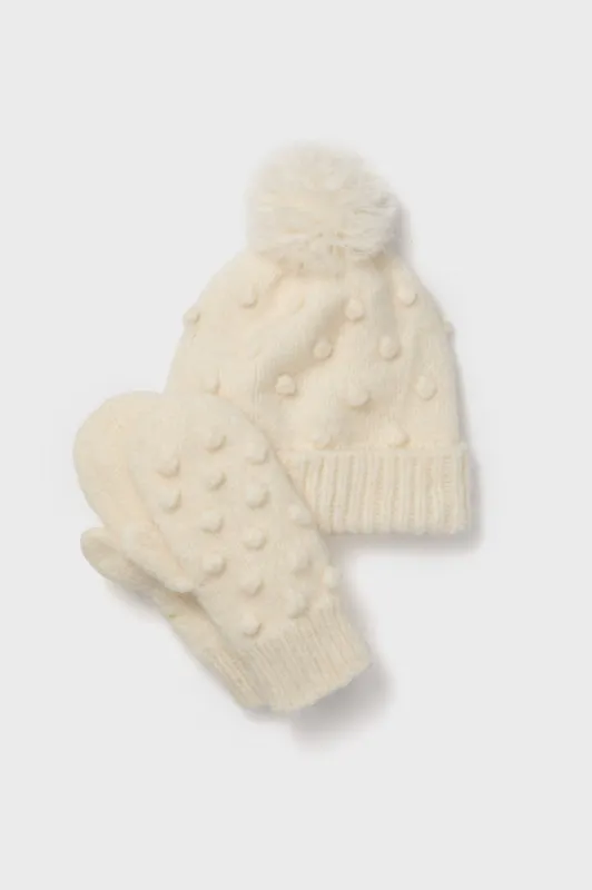 Cream Pom Pom Hat and Mittens Set sold by Tuckernuck