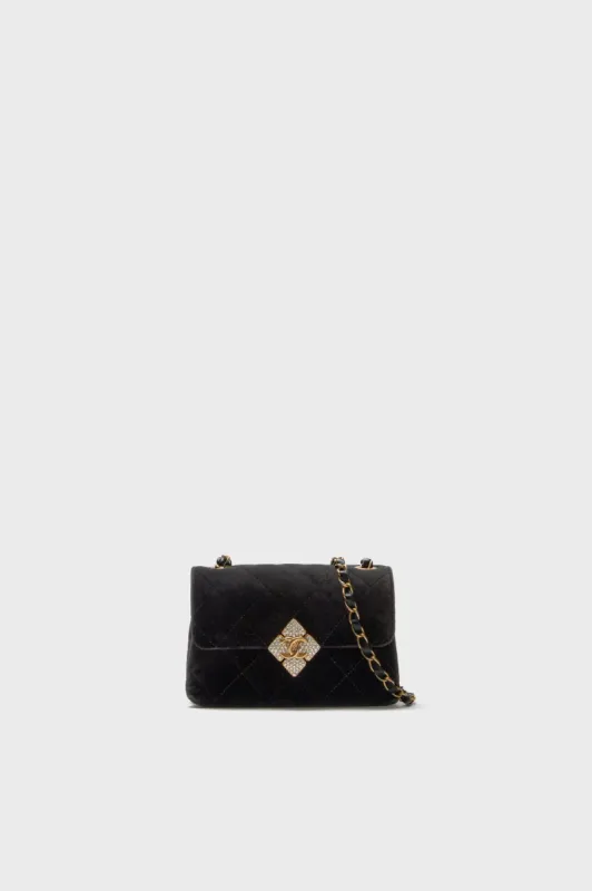CHANEL Black Quilted Velvet With Crystals Mini Diamond Lock CC Flap Bag sold by Tuckernuck
