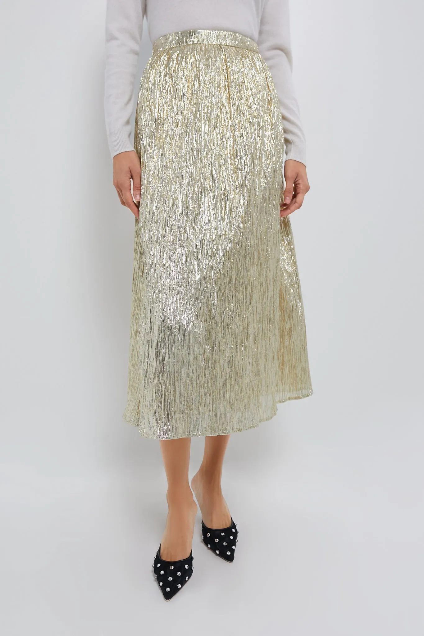 Gold Metallic Plisse Gloria Maxi Skirt sold by Tuckernuck