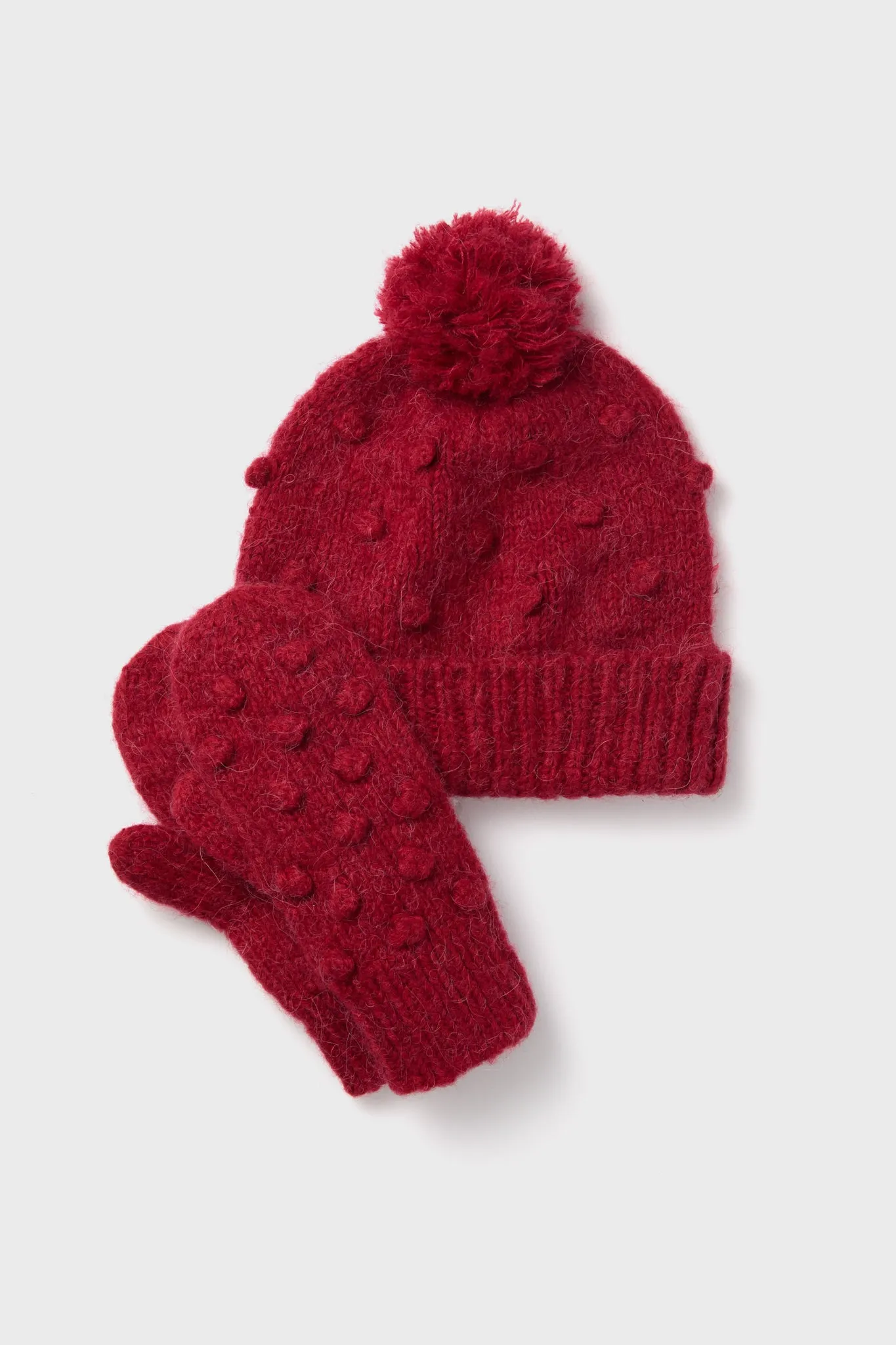 Red Pom Pom Hat and Mittens Set sold by Tuckernuck