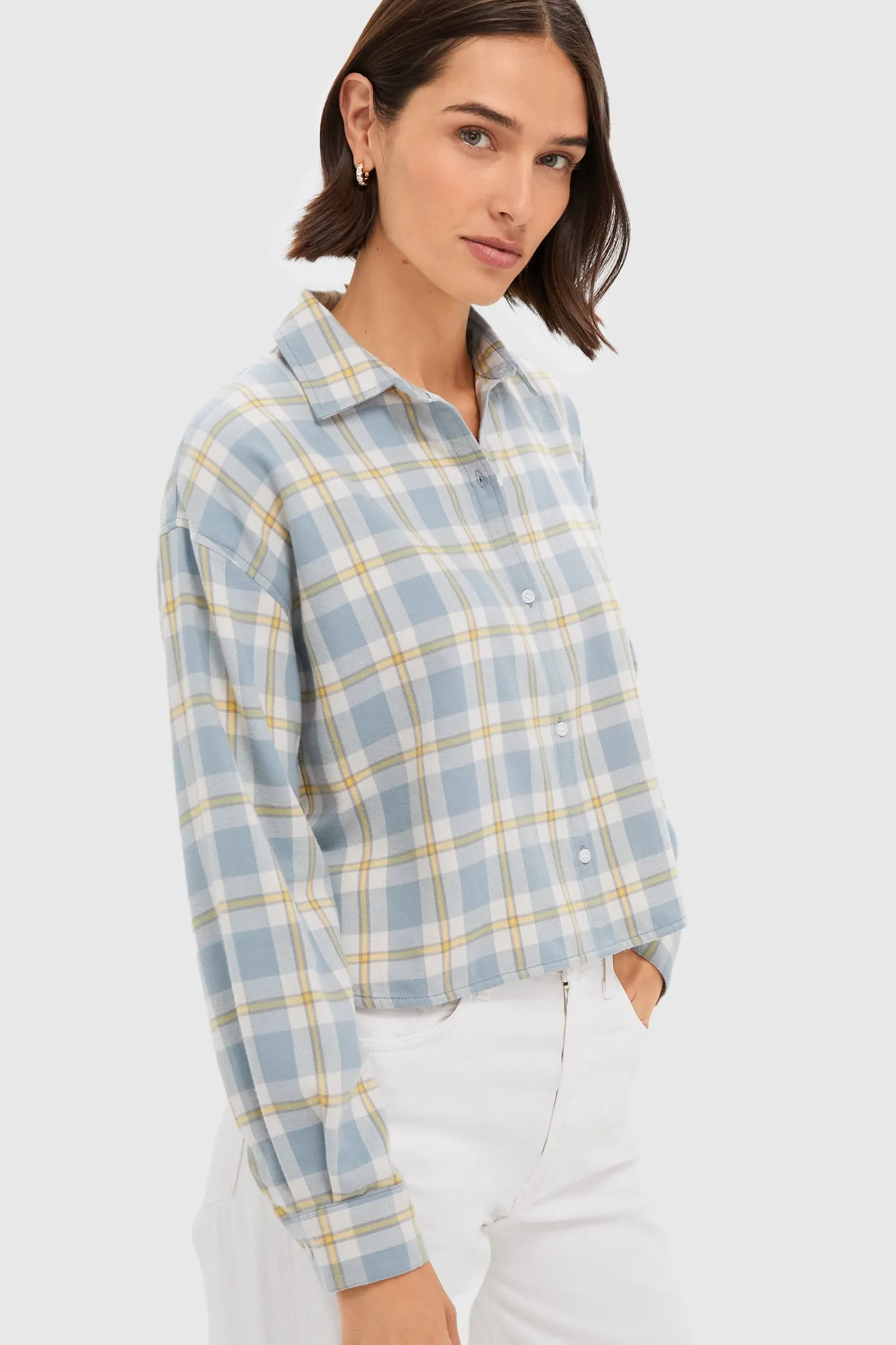 Blue Plaid Light Weight Flannel Cropped Jasper Button Down sold by Tuckernuck product image thumbnail 3