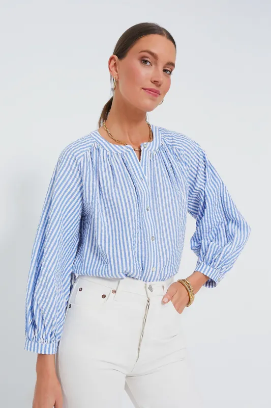 Blue and White Stripe Seersucker Tallie Top sold by Tuckernuck