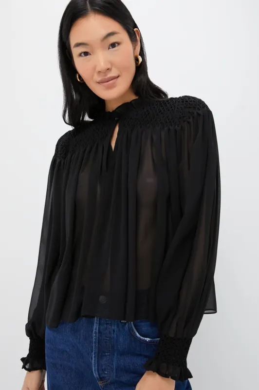 Black Sheer Smocked Rylie Blouse sold by Tuckernuck