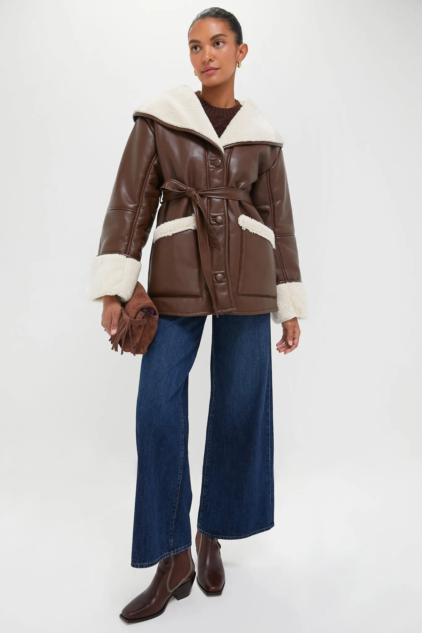 Brown and Ivory Vegan Leather Bonded Faux Fur Jacket sold by Tuckernuck product image thumbnail 2