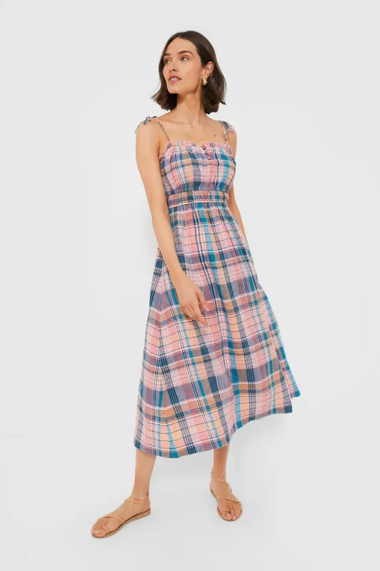 Plaid Mallard Blue Strappy Linen Midi Dress sold by Tuckernuck