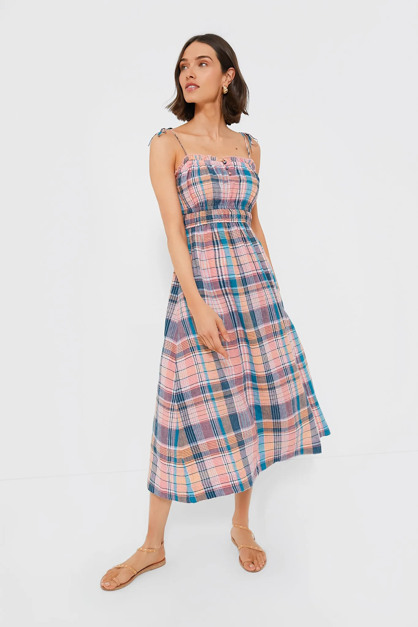 Plaid Mallard Blue Strappy Linen Midi Dress sold by Tuckernuck
