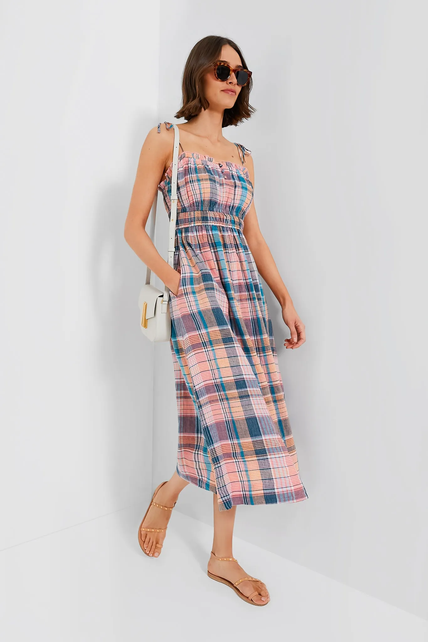 Plaid Mallard Blue Strappy Linen Midi Dress sold by Tuckernuck product image thumbnail 2