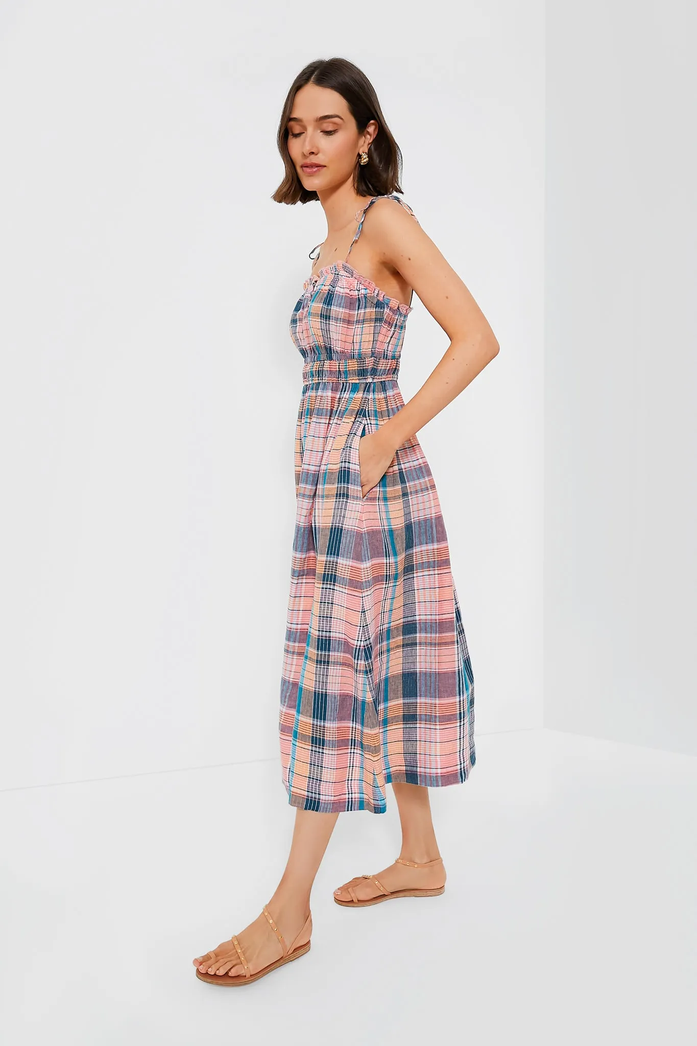 Plaid Mallard Blue Strappy Linen Midi Dress sold by Tuckernuck product image thumbnail 3