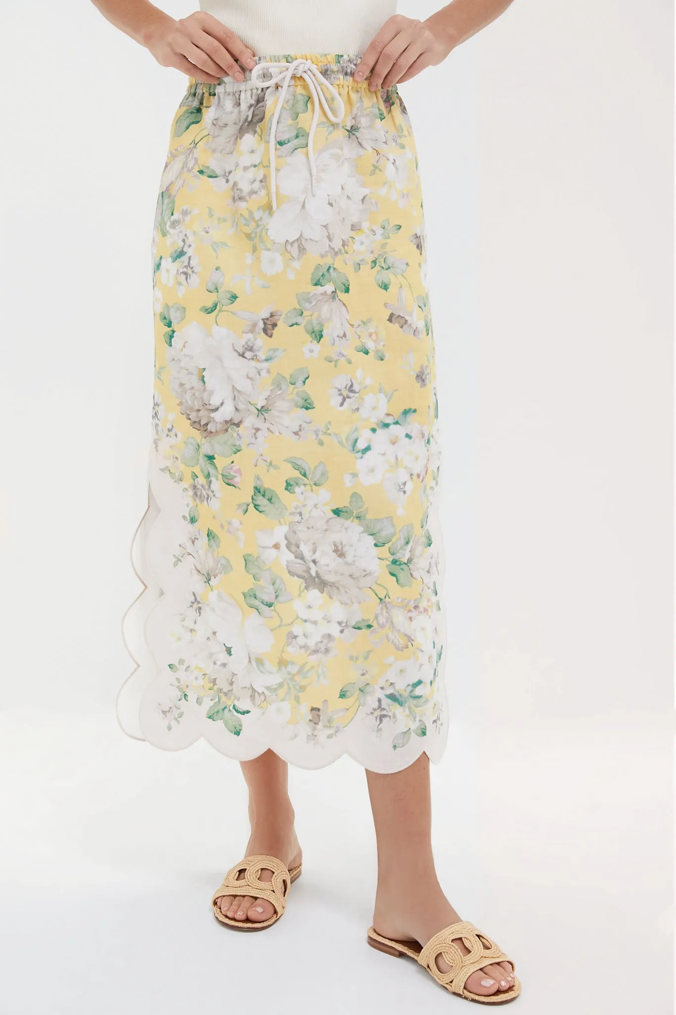 Yellow Floral Acacia Scallop Midi Skirt sold by Tuckernuck
