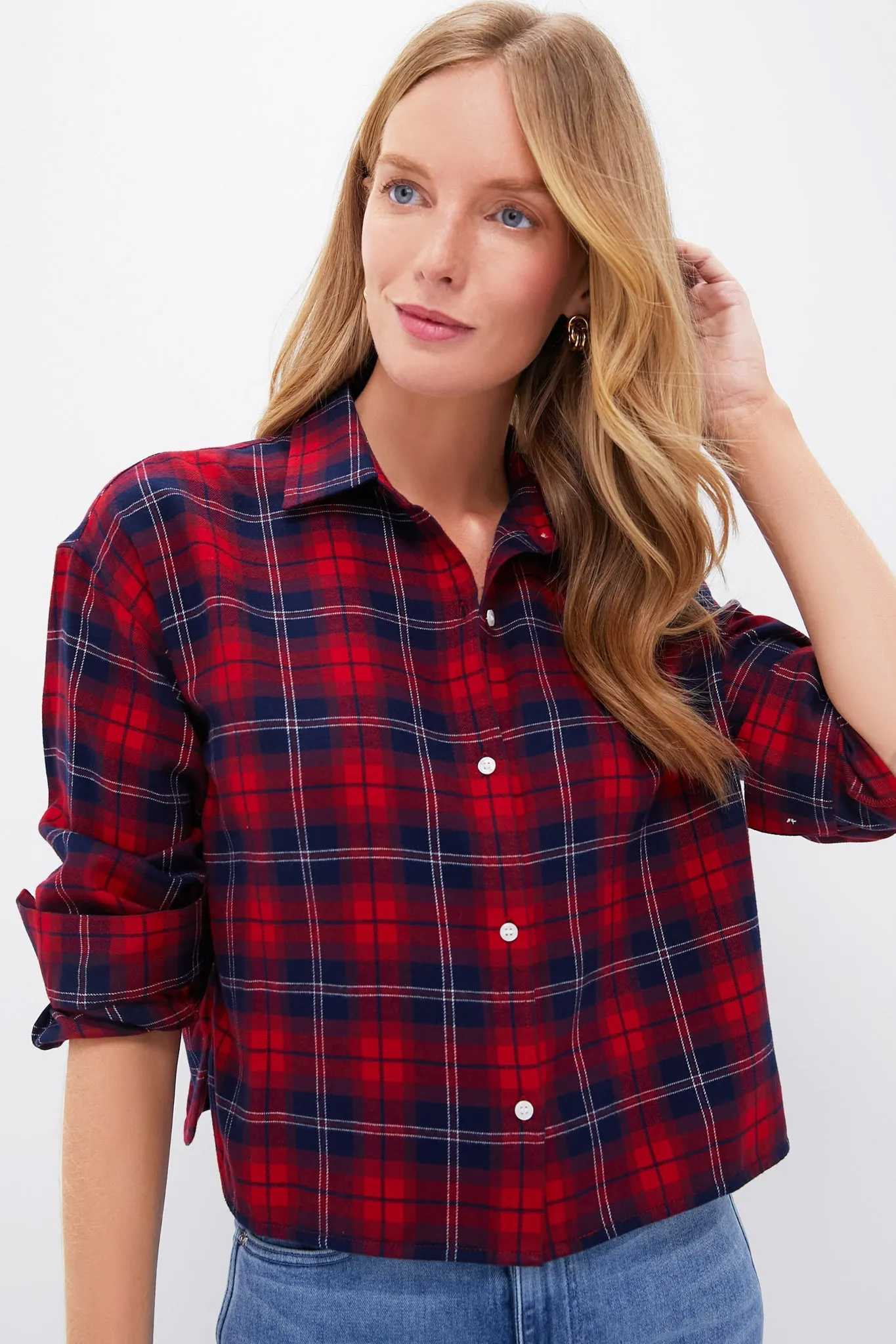 Red Plaid Flannel Cropped Jasper Button Down sold by Tuckernuck product image thumbnail 3