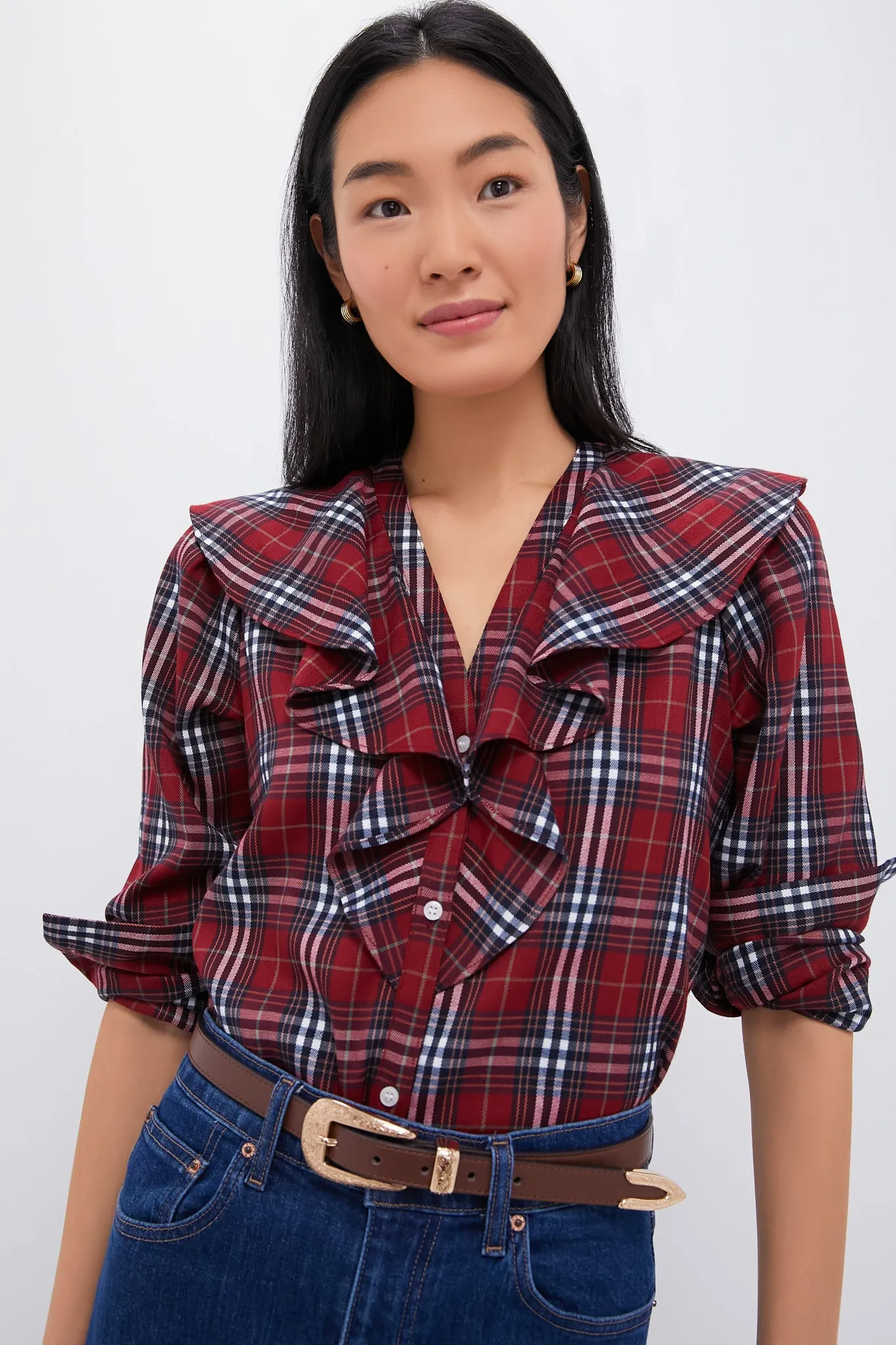 Red Plaid Ruffle Eileen Button Down Shirt sold by Tuckernuck