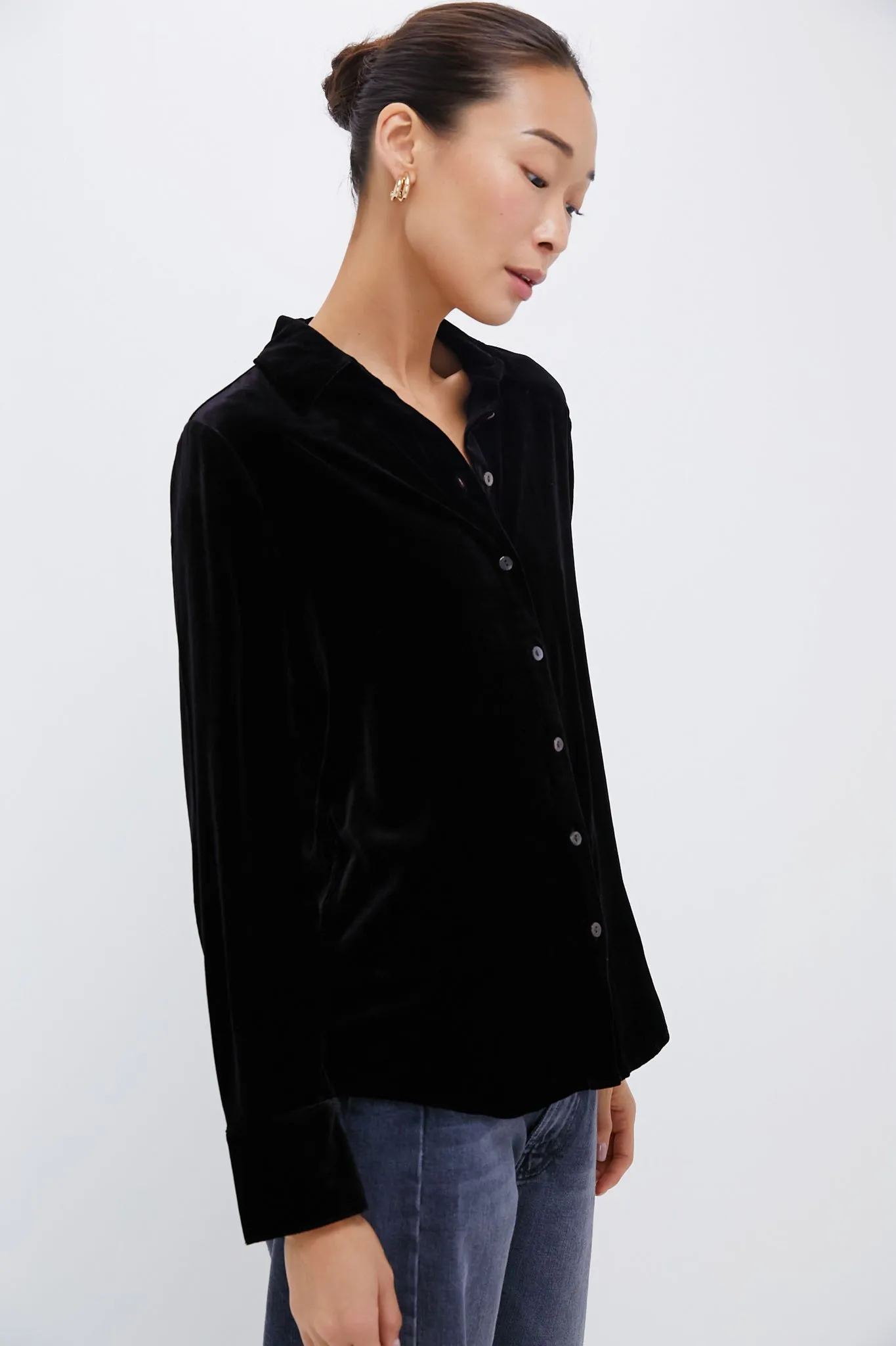 Black Stretch Silk Velvet Genevieve Shirt sold by Tuckernuck product image thumbnail 3