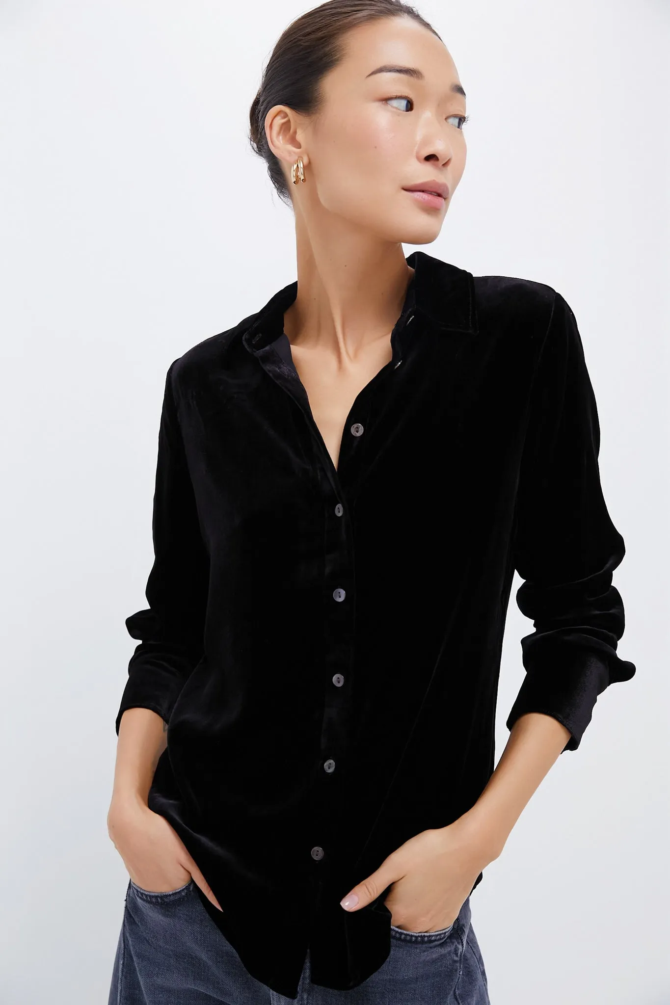 Black Stretch Silk Velvet Genevieve Shirt sold by Tuckernuck
