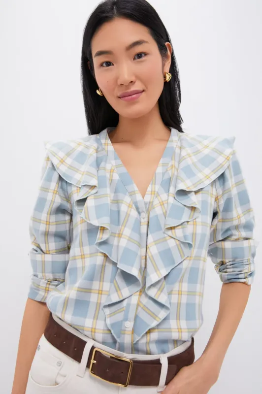 Blue Plaid V Neck Ruffle Eileen Button Down sold by Tuckernuck